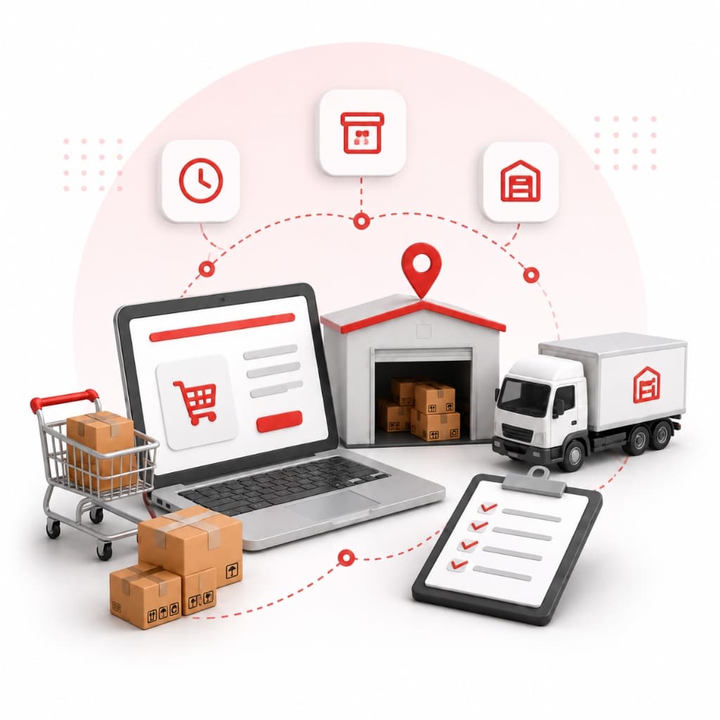 E-commerce logistics services — laptop with shopping cart, warehouse, delivery truck, packages, and checklist